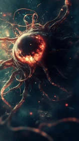 Cosmic inferno core with writhing tendrils in deep void.