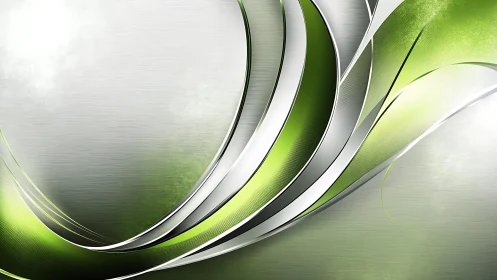 Modern green and silver abstract waves on brushed metal background.