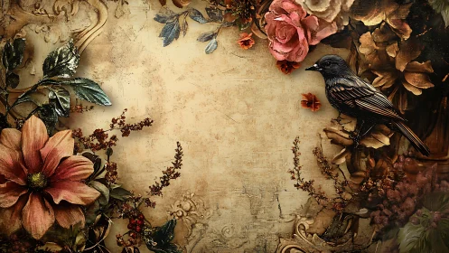 Vintage floral frame with perched songbird centerpiece.