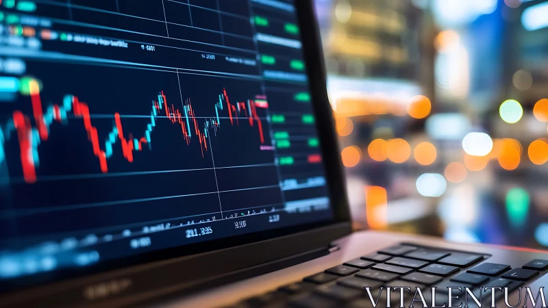 Laptop screen displays volatile market candlestick chart at night