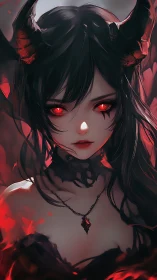Demonic girl with glowing red eyes stares through crimson haze