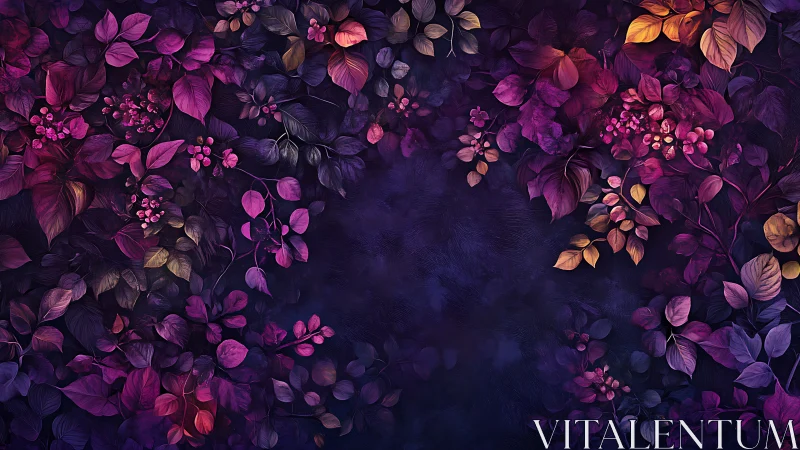 Vibrant violet foliage frame with dark floral center void.