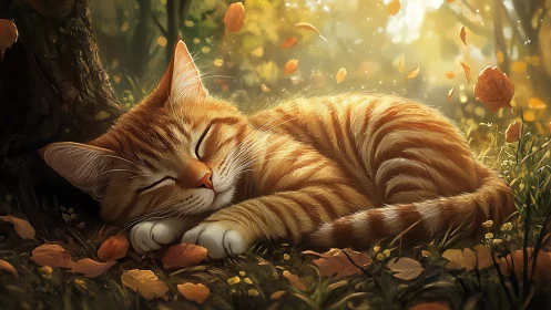 Ginger Tabby Cat Resting in Autumn Forest Glow.