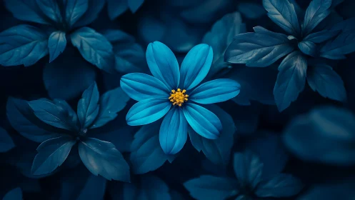 Blue Flowers with Yellow Center Among Dark Foliage