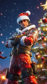 Stylized 3D holiday soldier in red Santa gear under lit tree