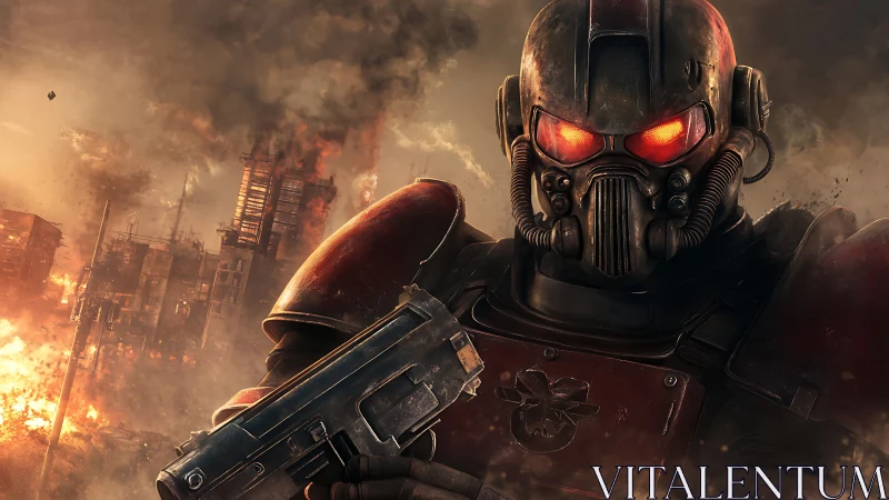 Armored wasteland soldier advancing through burning ruins.