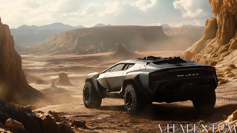 Futuristic off road supercar crossing rugged desert canyon.