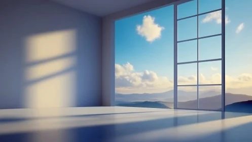 Minimalist interior framing a photorealistic alpine sunrise view