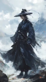 Samurai figure in dark robes within misty mountain setting.