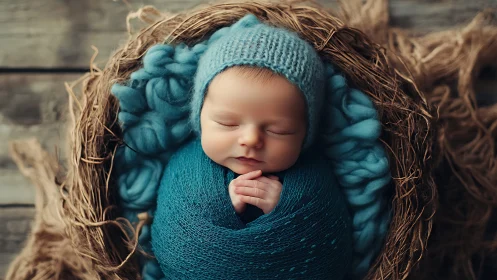 Peacefully Swaddled Newborn Nestled in Rustic Straw Bed.