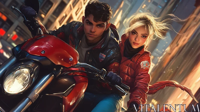 Rebel couple rides red motorcycle through neon city streets.