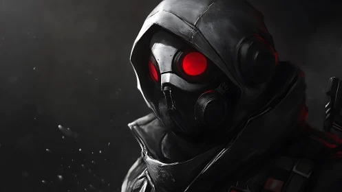 Masked futuristic soldier with glowing red visor eyes.