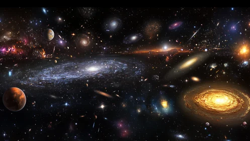 Galactic multiverse panorama with luminous spiral clusters.