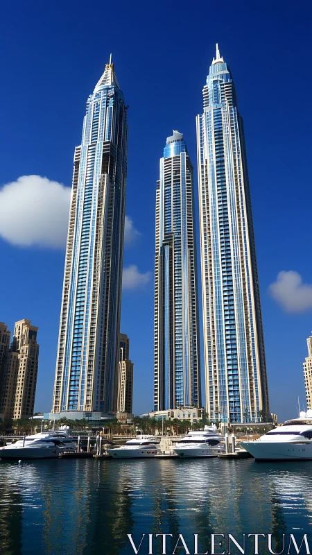 Modern waterfront skyscrapers and yachts under clear sky.