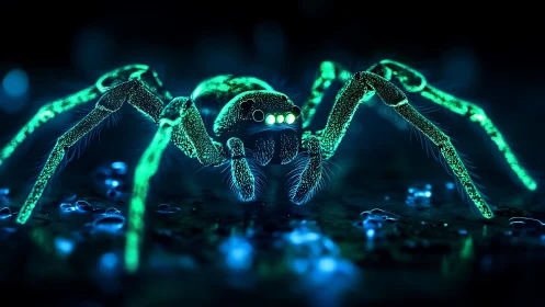 Glowing bioluminescent spider rendered in neon detail.