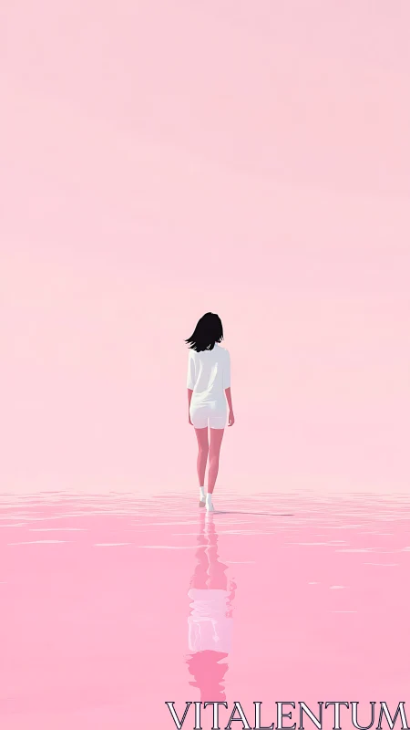 Solitary female figure walks across minimal pink reflective water