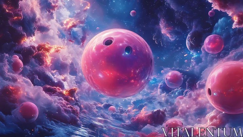 Digital scene shows pink reflective spheres in luminous nebula