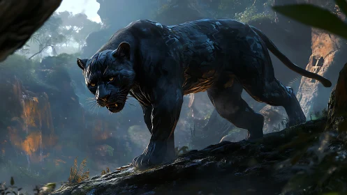 Black Panther Rendered in Cinematic Environment with Volumetric Light and Limestone Formations