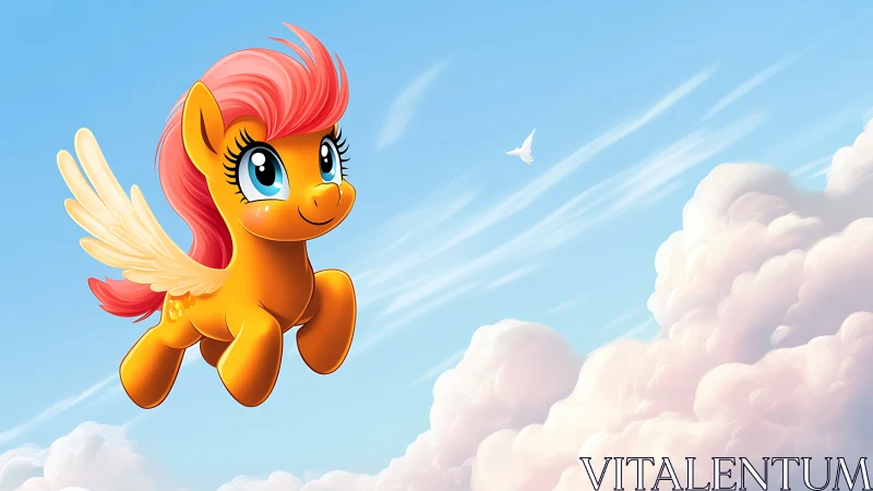 Winged cartoon pony soars through luminous stratocumulus sky
