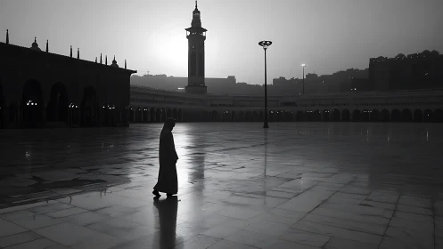 Solitary figure crossing reflective mosque courtyard at dawn