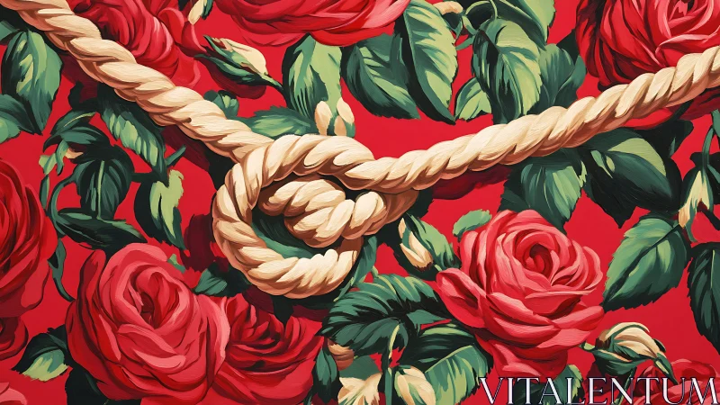 Twisted rope knot entwined with lush painted red roses.