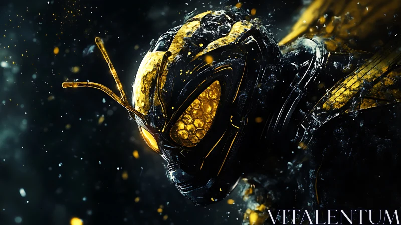 Futuristic cybernetic wasp head glowing in dark space.