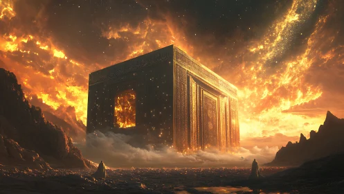 Colossal golden cube temple rises amid burning cosmic sky