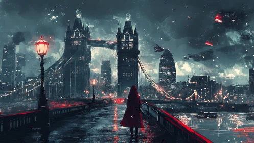 Futuristic London bridge skyline with lone figure and aircraft.
