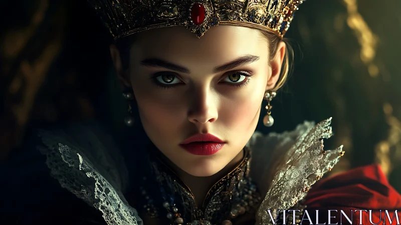 Regal digital portrait renders a jeweled queen in chiaroscuro focus