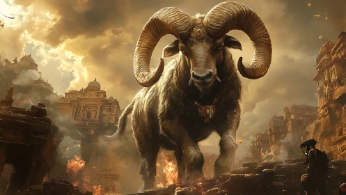 Colossal ram deity strides through burning ancient cityscape