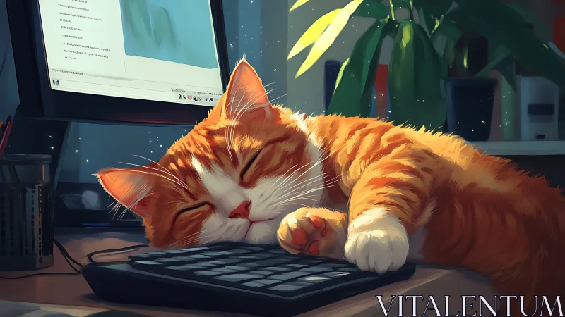 Orange Tabby Cat Resting at Digital Workstation in Warm Illumination.
