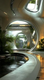 Spiraling Sanctuary: Futuristic Pods Nesting in Verdant Luminescence.