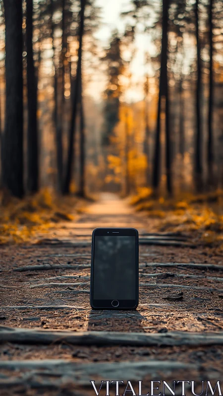 Lonely smartphone waits on a quiet golden forest path.