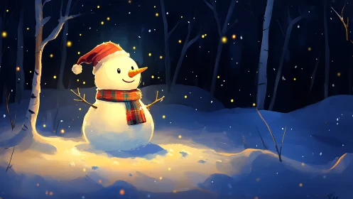 Snowman in illuminated winter forest rendered as digital painting