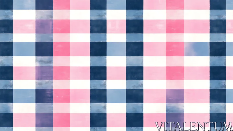 Pink and blue gingham check pattern on white grid background.