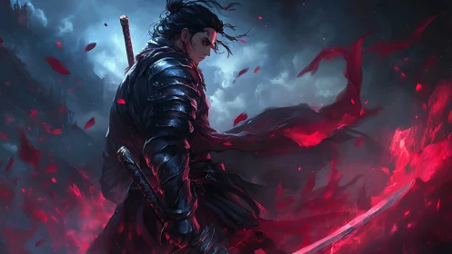 Armored swordsman stands amid red energy and storm clouds