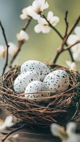 Speckled springtime eggs nestle quietly among soft blossoms