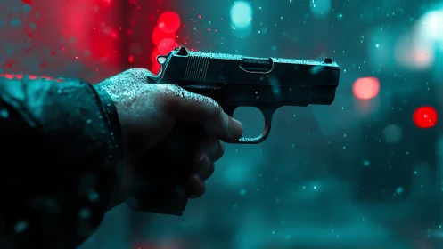 Rain-soaked handgun in cinematic teal-red bokeh night environment