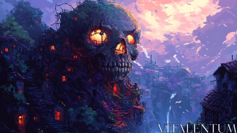 Skull mountain village glowing at sunset in pixel fantasy.