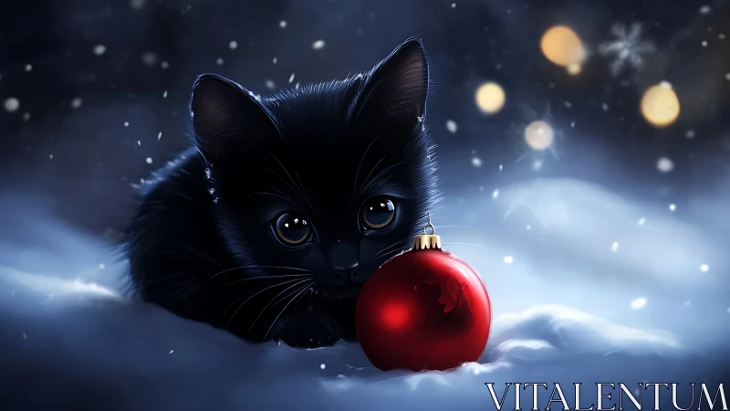 Black kitten guards red bauble in glowing winter snow.