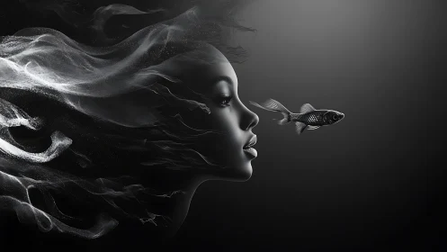 Whispered starlight drifts as a silver fish meets her gaze
