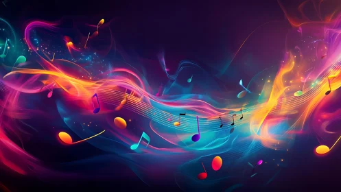 Chromatic sound waves stream through abstract neon musical space