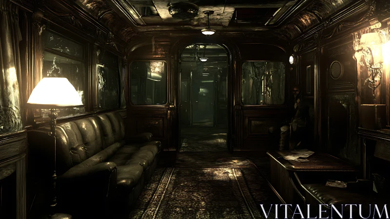 Midnight mystery in a vintage train lounge corridor.