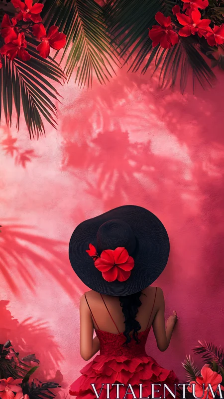 Tropical daydream with a red dress, black hat, and soft shadows.