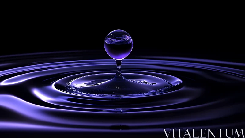 Violet liquid droplet rises from rippling surface in darkness