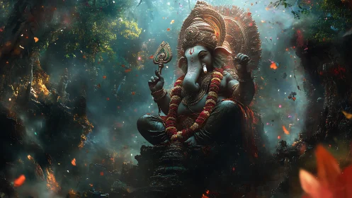 Divine Ganesha idol in lush mystical forest lightscape.