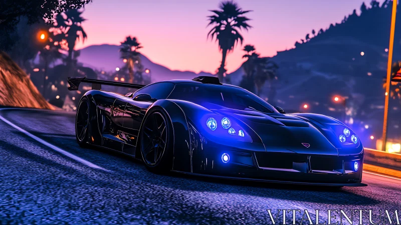 Sleek black sports car on neon lit mountain highway.