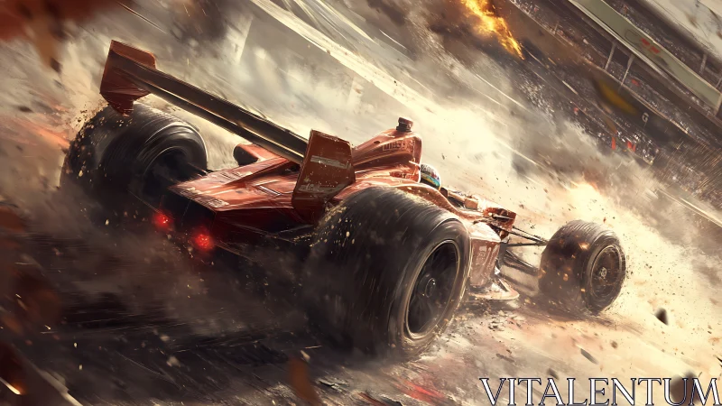 Dynamic digital painting of a red Formula racing car in flames.