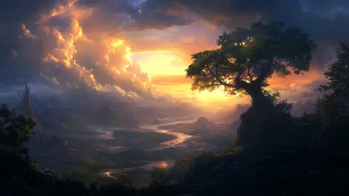 Ancient tree crowns a glowing valley at stormlit sunset horizon