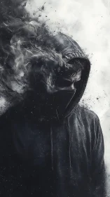 Hooded cyber-noir figure dissolves into digital smoke field